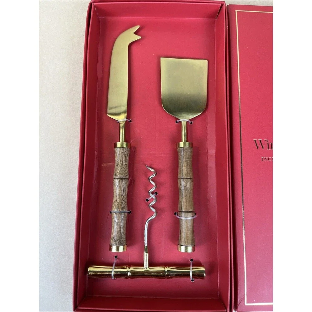 Talbots 3 Pc Cheeseknives and‎ Corkscrew Wintertaining Set New Bamboo Style Gift